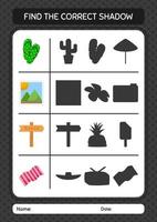 encontre o jogo de sombras correto com o ícone de verão. planilha para crianças pré-escolares, folha de atividades para crianças vetor