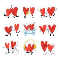 conjunto de histórias românticas com corações de desenho animado. coleção de casais desenhados à mão apaixonados. ilustração em vetor engraçado de personagens em forma de coração isolado no fundo branco.