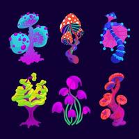 um conjunto de cogumelos mágicos. coleção de uma variedade de plantas de cogumelos fabulosas. fantásticas plantas alienígenas de diferentes formas e cores. ilustração em vetor de um grupo alienígena em um fundo escuro.