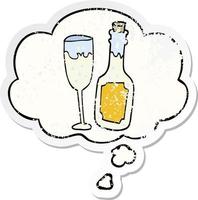 garrafa de champanhe de desenho animado e copo e bolha de pensamento como um adesivo desgastado vetor