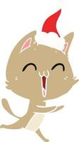 feliz ilustração de cor plana de um gato miando usando chapéu de papai noel vetor