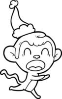 gritando desenho de linha de um macaco usando chapéu de papai noel vetor