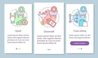 tela de página de aplicativo móvel de integração de vendas com conceitos lineares. upsell, downsell passo a passo instruções gráficas. venda cruzada. renda aumentando. ux, ui, modelo de vetor gui com ilustrações