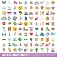 conjunto de 100 ícones de cuidados ecológicos, estilo cartoon vetor
