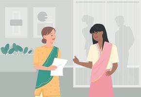 uma mulher de negócios em trajes indianos tradicionais está conversando. fundo do escritório. ilustração em vetor estilo design plano.