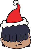 desenho de linha de um rosto com cabelo sobre os olhos usando chapéu de papai noel vetor