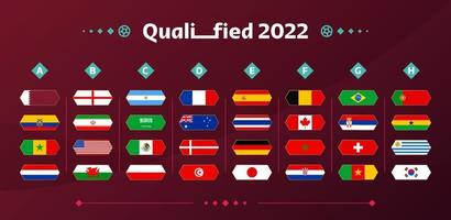 conjunto de grupos e bandeiras do futebol mundial 2022. bandeiras dos países participantes do conjunto do campeonato mundial de 2022. ilustração vetorial vetor