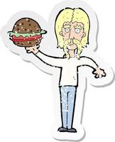 adesivo retrô angustiado de um homem de desenho animado com hambúrguer vetor