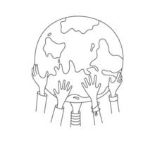 mãos de crianças segurando o globo. feliz Dia da Terra. cartão desenhado à mão do dia mundial das crianças. doodle mãos de crianças multiculturais segurando a terra. conceito de paz. ilustração vetorial isolada no fundo branco vetor