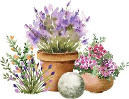 flores em vasos e plantas, ilustração em aquarela. vetor