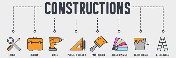 ícone de web de banner de construção. ferramentas, caixa de ferramentas, broca, régua de lápis, pincel, amostra de cor, balde de tinta, conceito de ilustração vetorial de escada. vetor