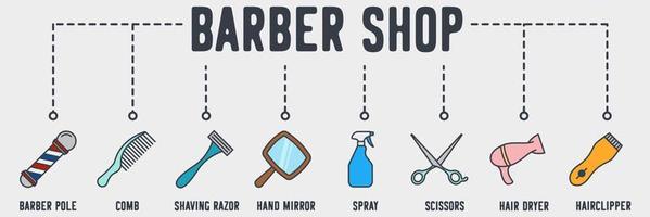 ícone de web de barbearia. pente, lâmina de barbear, espelho de mão, spray, tesoura, secador de cabelo, conceito de ilustração vetorial de máquina de cortar cabelo. vetor