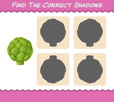 encontre as sombras corretas da alcachofra dos desenhos animados. jogo de busca e correspondência. jogo educativo para crianças e bebês da pré-escola vetor