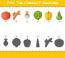 encontre as sombras corretas dos vegetais dos desenhos animados. jogo de busca e correspondência. jogo educativo para crianças e bebês da pré-escola vetor