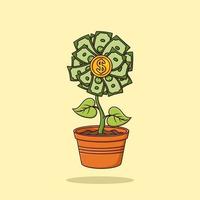 flores de dinheiro crescem em potes ilustração vetorial de desenho animado vetor