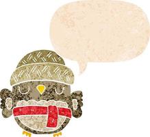 coruja de desenho animado bonito no chapéu e bolha de fala em estilo retrô texturizado vetor