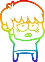 desenho de linha de gradiente de arco-íris desenho animado menino exausto vetor