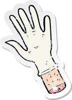 adesivo retrô angustiado de uma mão de desenho animado com luva médica vetor