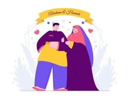 ideia de ilustração vetorial de conceito de modelo de convite de casamento de casal bonito islâmico para modelo de página de destino, dia do casamento, noivado, cerimônia de romance, para cartão de saudação estilo plano desenhado à mão vetor