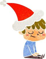 desenho retrô de um menino feliz usando chapéu de papai noel vetor