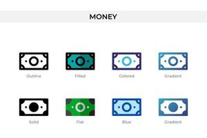 ícone de dinheiro em estilo diferente. ícones de vetor de dinheiro projetados em estilo de contorno, sólido, colorido, preenchido, gradiente e plano. símbolo, ilustração do logotipo. ilustração vetorial