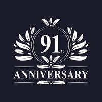 logotipo de aniversário de 91 anos, celebração luxuosa de design de 91º aniversário. vetor