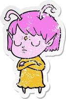 adesivo angustiado de uma garota alienígena de desenho animado vetor