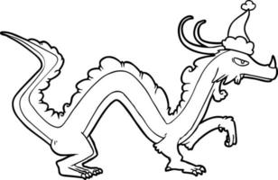 desenho de linha de um dragão usando chapéu de papai noel vetor