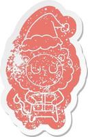 adesivo angustiado de desenho animado de um leão com presente de natal usando chapéu de papai noel vetor