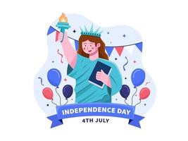 4 de julho ilustração do dia da independência dos eua com mulher vestindo fantasia de estátua da liberdade. desenho animado da estátua da liberdade do marco americano. pode ser usado para cartão, cartão postal, banner, web, etc. vetor