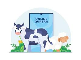 qurban on-line para celebrar a ilustração plana em vetor eid al-adha. qurban com aplicativo móvel moderno online. adequado para página de destino, web, mídia social, infográfico, etc