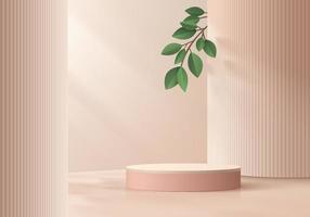 pódio de pedestal de cilindro 3d rosa realista com pilar bege e fundo de folha verde. vetor formas geométricas de luxo. cena mínima abstrata para produtos de maquete, vitrine de palco, exibição de promoção.