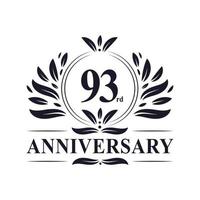 Celebração do 93º aniversário, design luxuoso do logotipo do aniversário de 93 anos. vetor