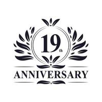 Celebração do 19º aniversário, design luxuoso do logotipo do aniversário de 19 anos. vetor
