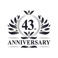Celebração do 43º aniversário, design luxuoso do logotipo do aniversário de 43 anos. vetor