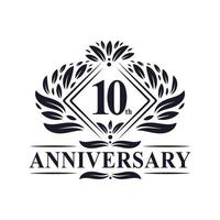 logotipo de aniversário de 10 anos, logotipo floral de 10º aniversário de luxo. vetor