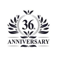 Celebração do 36º aniversário, design luxuoso do logotipo do aniversário de 36 anos. vetor