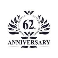 Celebração do 62º aniversário, design luxuoso do logotipo do aniversário de 62 anos. vetor