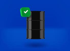 barril de metal preto de petróleo com ícone de marca de seleção. ilustração vetorial 3D vetor