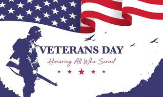 pôster do dia do veterano. honrando todos os que serviram. ilustração do dia do veterano com bandeira americana e soldados vetor