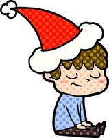 ilustração de estilo de quadrinhos de um menino feliz usando chapéu de papai noel vetor