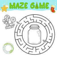 jogo de quebra-cabeça labirinto preto e branco de natal para crianças. contorno círculo labirinto ou jogo de labirinto com doces de natal. vetor