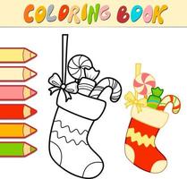 livro para colorir ou página para colorir para crianças. vetor de meia de natal preto e branco