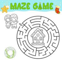 jogo de quebra-cabeça labirinto preto e branco de natal para crianças. contorno círculo labirinto ou jogo de labirinto com homem de gengibre de natal e casa de gengibre. vetor