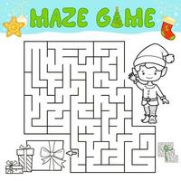 jogo de quebra-cabeça de labirinto de natal para crianças. delinear labirinto ou jogo de labirinto com elfo de menino de natal. vetor