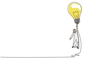 único desenho de uma linha empresário árabe voando segurando lâmpadas de ideia. grande ideia para resolver problemas de negócios, invenção, inovação para impulsionar o crescimento dos negócios. ilustração em vetor design de desenho de linha contínua
