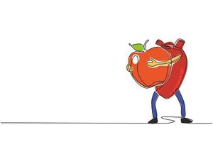 contínuo de uma linha desenhando órgão cardíaco saudável e apto segurando comida saudável de maçã grande. saúde do sistema cardiovascular. poder e força do órgão do coração. ilustração vetorial de desenho de linha única vetor