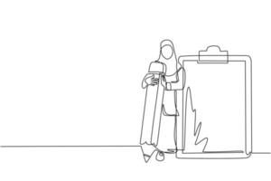 uma empresária árabe de desenho de linha contínua segurando um lápis gigante olhando para a lista de verificação concluída na área de transferência. planejamento diário eficaz, gerenciamento de tempo. ilustração vetorial de desenho de linha única vetor