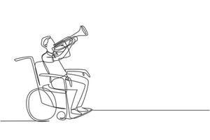 uma linha contínua desenhando um homem bonito em cadeira de rodas tocando trompete durante a aula de música. Deficiente físico. pessoa no hospital. paciente do centro de reabilitação. vetor de design de desenho de linha única