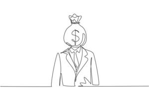 empresário de desenho de linha contínua único com saco de dinheiro em vez de cabeça, simbolizando avareza, corretor, dinheiro, sucesso. saco de dinheiro com cifrão. uma linha desenhar ilustração em vetor design gráfico